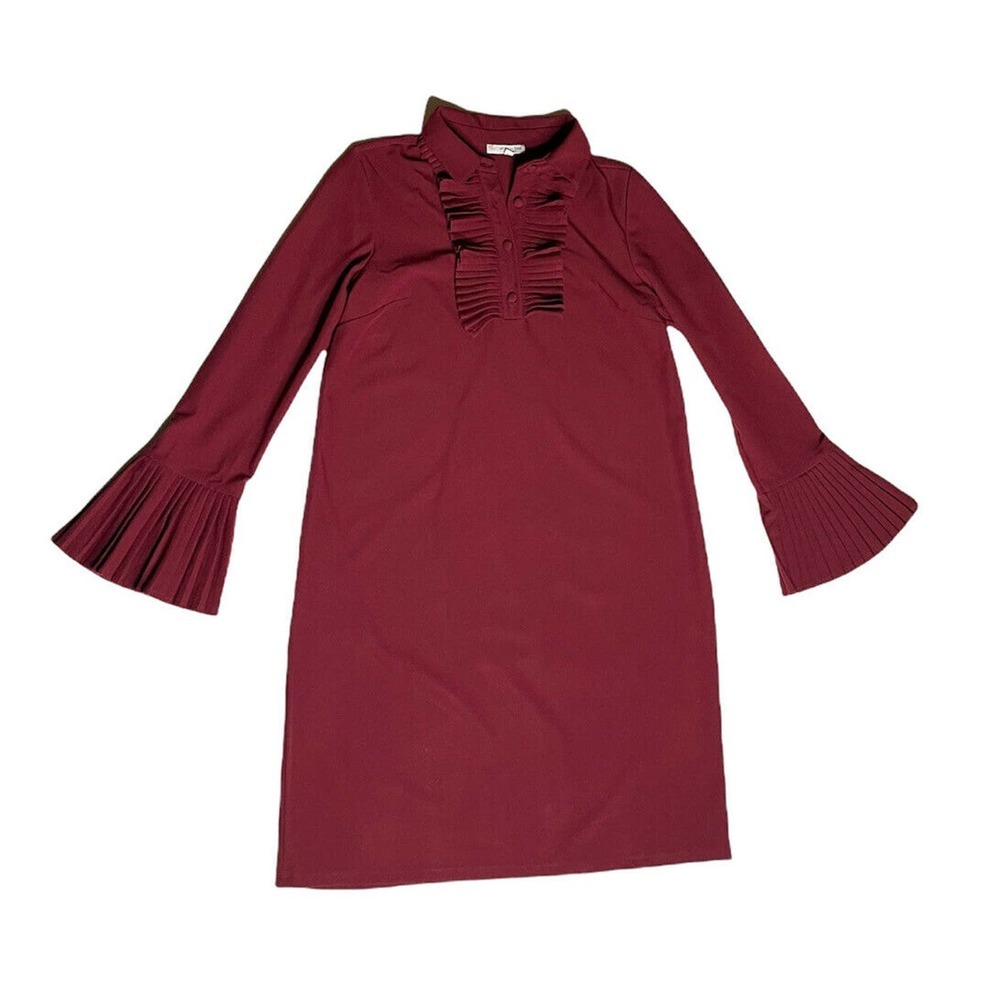 Womens Vanessa Zani Burgundy Trumpet Long Sleeve Ruffled Shift Dress Italy Sz M